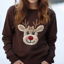 FAUX Yarn Look Reindeer Christmas Sweatshirt, Rudolph The Red Nose Reindeer Gift