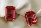 VTG Christian Dior Gold Tone Signed Pink Emerald Cut Crystal Clip Earrings