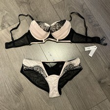 Ann Summers Adalicia Sateen Nude Black Boost Bra 32B + 8 Knicker Set RRP �52 NEW
