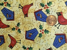 Cotton Fabric 1 and 1/2 yard X 44" Wide Red Birds and Bird houses Quilt Craft