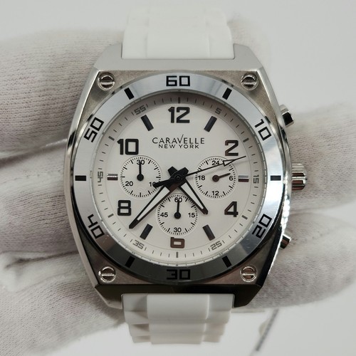 Caravelle Men's Large Silver Tone w/ White Dial Quartz Chronograph Watch - Picture 2 of 17