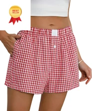 Womens Boxer Shorts Cotton Summer Casual Pajama Y2K Sleep Gingham Medium, Red 