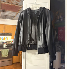 Clara Sunwoo Black Faux Leather Hooded Zip Jacket Long Sleeve Women's L