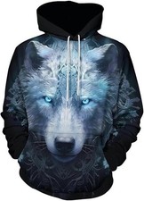 3D Blue Wolf Hoodie Ice Wolf Eyes Print Pullover Sweatshirt for Men Women Kids