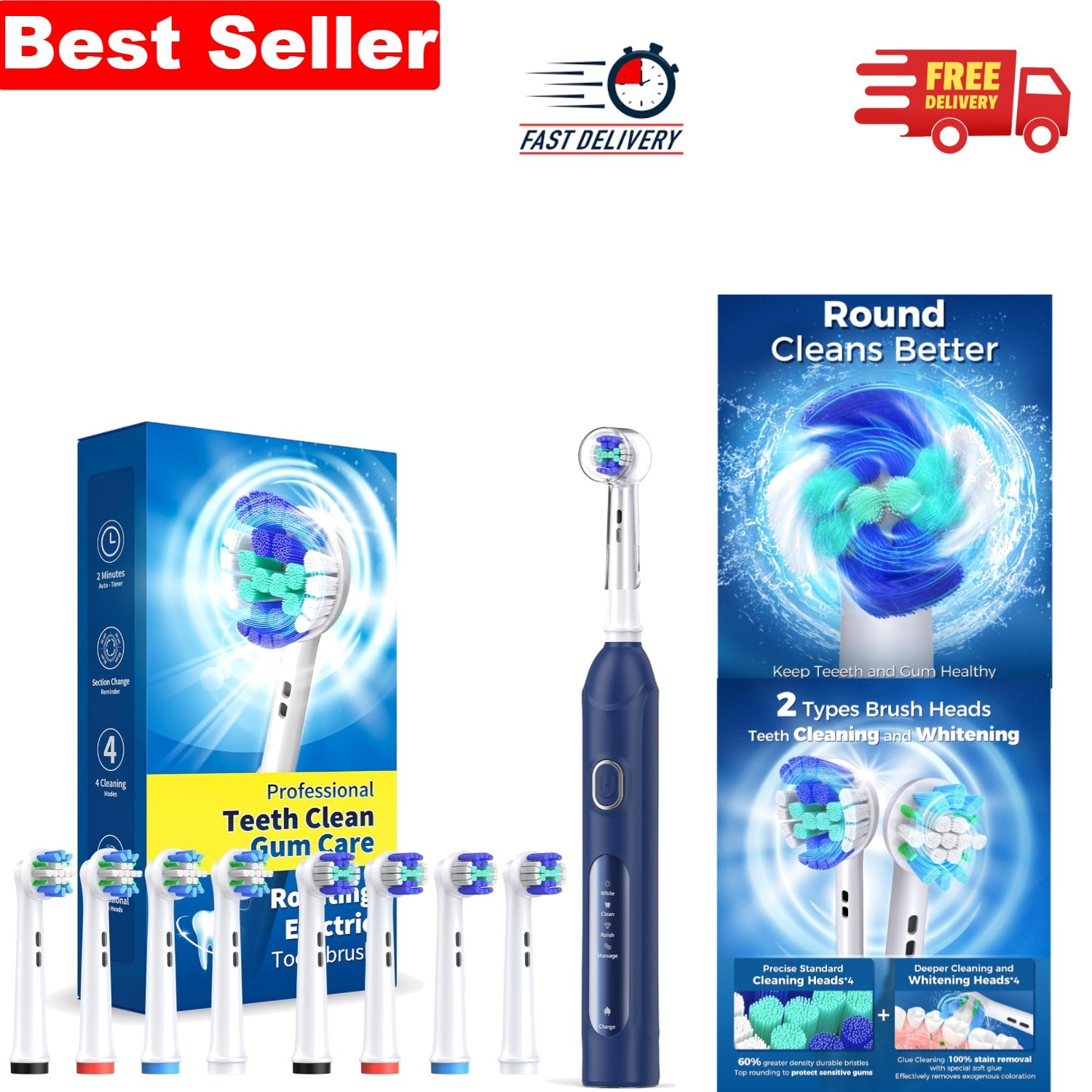 Rechargeable Rotating Toothbrush with 8 Brush Heads & Smart Timer for Adults