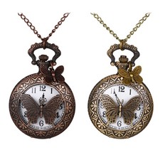 Antique Bronze Butterfly Pocket Watch Necklace Quartz Analog Vintage Style Lady