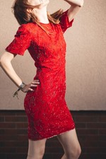 Vintage Beaded Silk Dress - Red Evening Dress - Hand Beaded Red Silk Gown