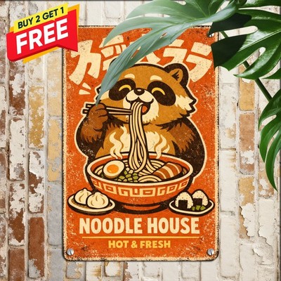 Japanese Ramen Noodle Bowl Cat Kitchen Restaurant Diner Cafe Metal Wall Sign Art