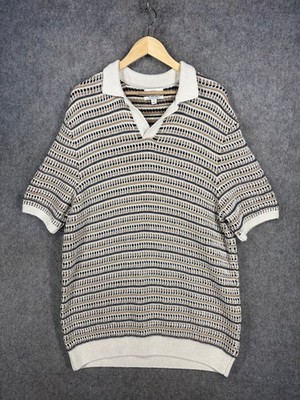 M&S T Shirt Herren XL creme braun Baumwolle offen Strick Kurzarm offener Kragen