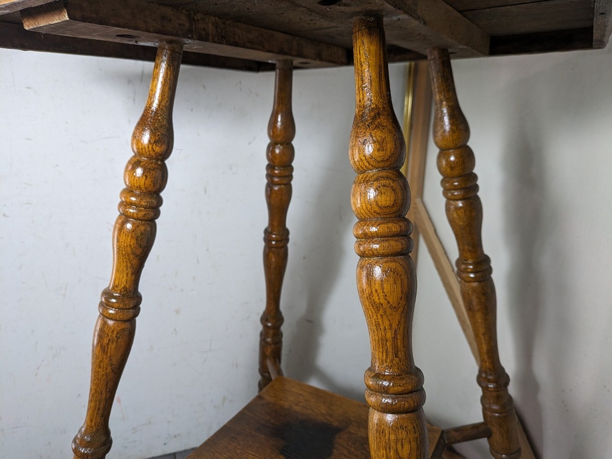 Antique Rustic Victorian Square Oak Wood Parlor Table Turned Legs