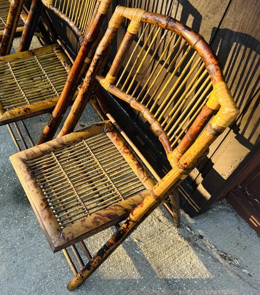 2 sillas plegables vintage de bambú y ratán, detalles de video años 70 Foto 4 de 4