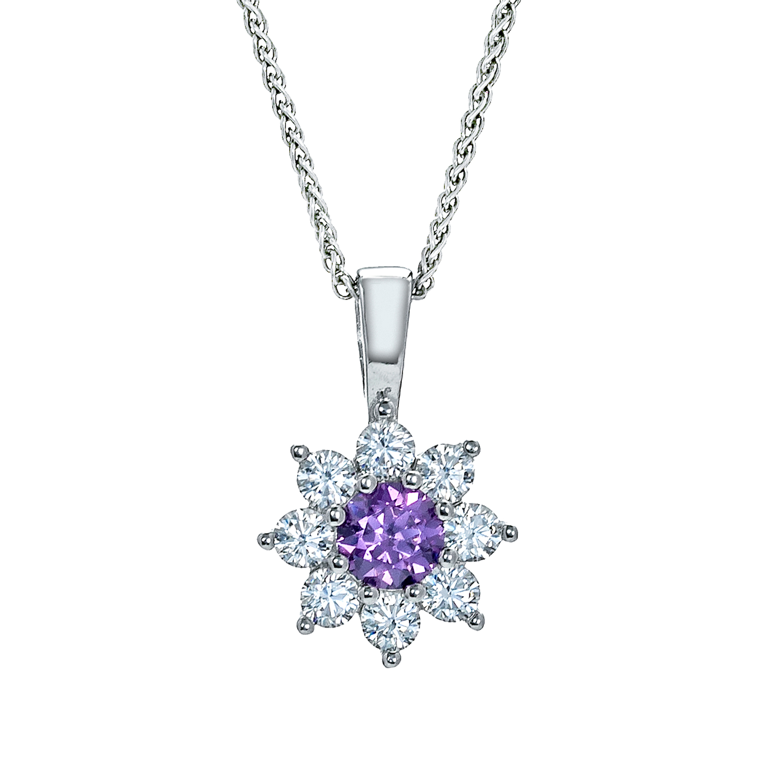 Sterling Silver Jewelco London Purple CZ Classic Royal Cluster Necklace 18inch