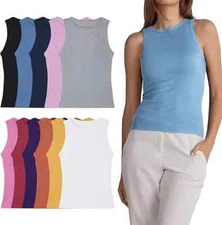 12 Pack Women Tank Top Multi Colors Basic Ribbed Sleeveless Shirts 100% Cotton