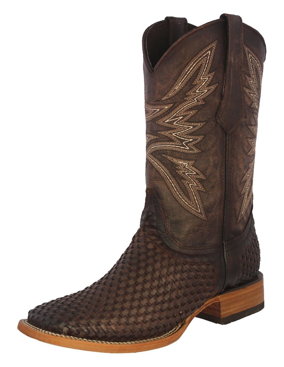 Mens Brown Western Cowboy Boots Square Toe Braided Leather Botas
