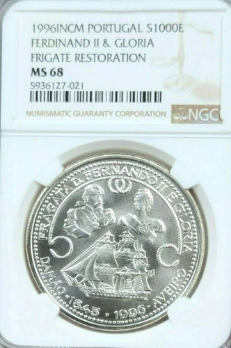 1996 PORTUGAL SILVER 1000 ESCUDOS FERDINAND II & GLORIA NGC MS 68 GEM TOP POP 1