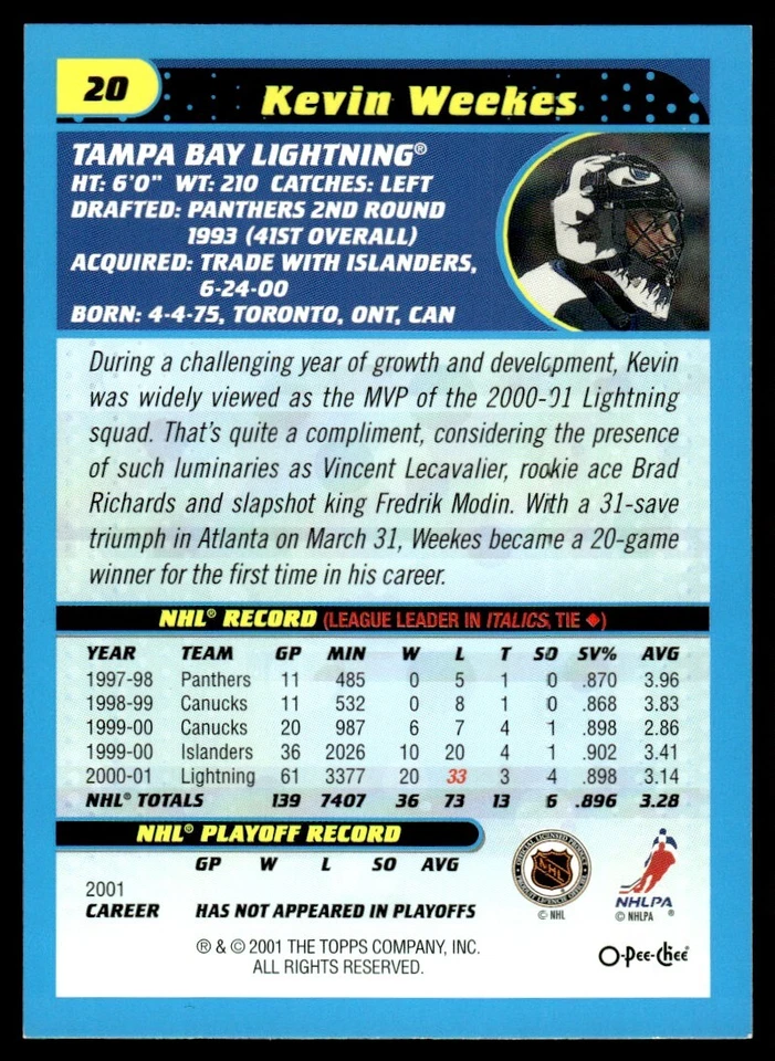2001-02 Topps O-Pee-Chee RETRO Kevin Weekes Tampa Bay Lightning #20 - Image 2 of 2