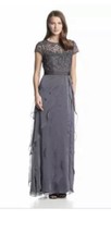 Adrianna Papell Cap Sleeve Tiered Silk Chiffon Gown Smoke Gray BRIDESMAID sz 4