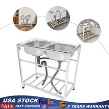 Commercial Stainless Steel Sink, Kitchen Freestanding Double Bowl Utility Sink