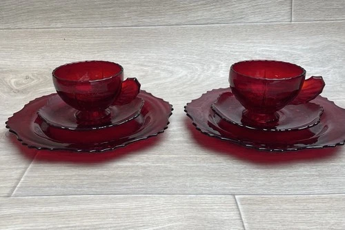 Vntg Martinsville Radiance Ruby Cups & 2 Saucer Set Depression Era - Set of 2