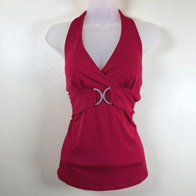 VTG Y2K Julies Closet Red Halter Top Size M Rhinestone Buckle Glam Party Sparkle