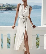 NWT ZARA Collection Sz M Women Ecru & Navy Polka Dot Midi Shirtdress Belted