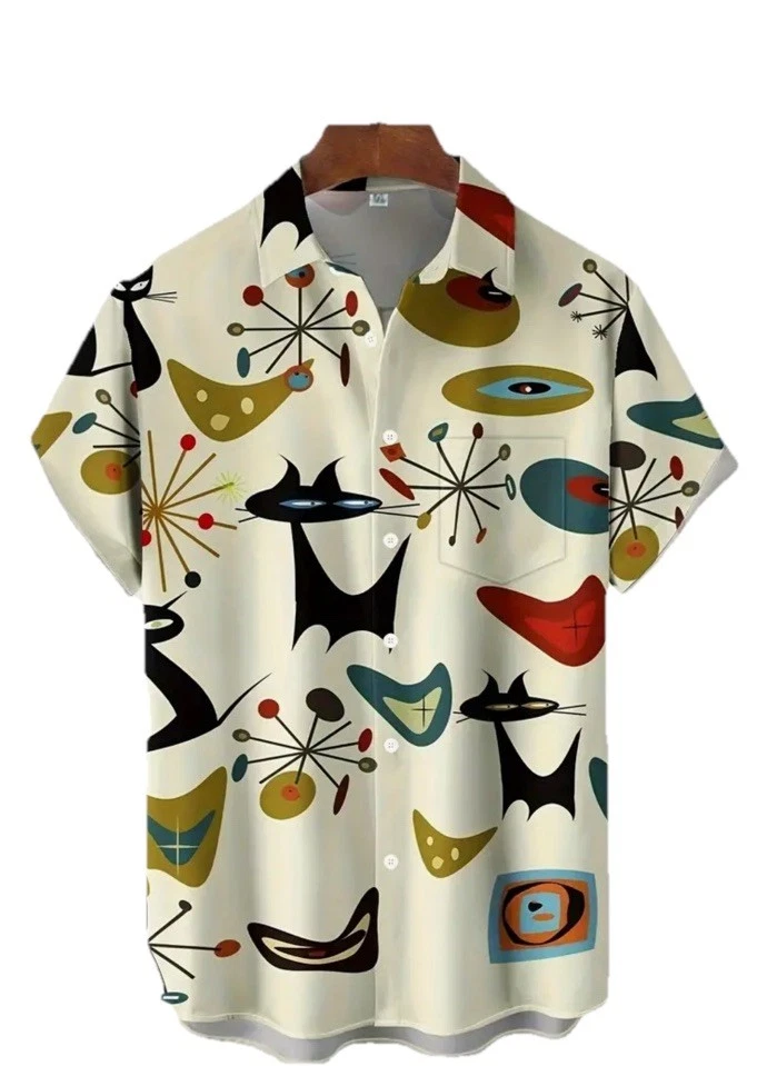Men's Shirt MCM Novelty Retro Look Geometric Print Atomic Cat short Sleeve
Opens in a new window or
