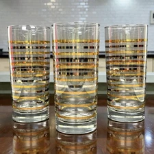 MCM Highball Drinking Glasses Gold Silver Striped SET OF 3 Barware Retro Home