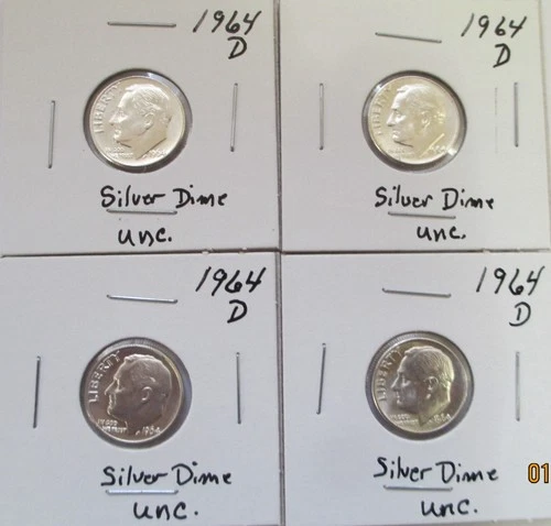 1964 D Roosevelt Dimes, 4 pcs Uncirculated Condition