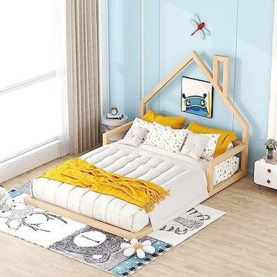 Size Simple Floor Bed with House-Shaped Headboard,Wood Grounded Full Natural