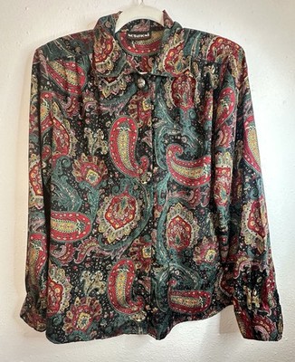 Vtg Notations Paisley Boho Silk Like Long Sleeve Button Up Size Small