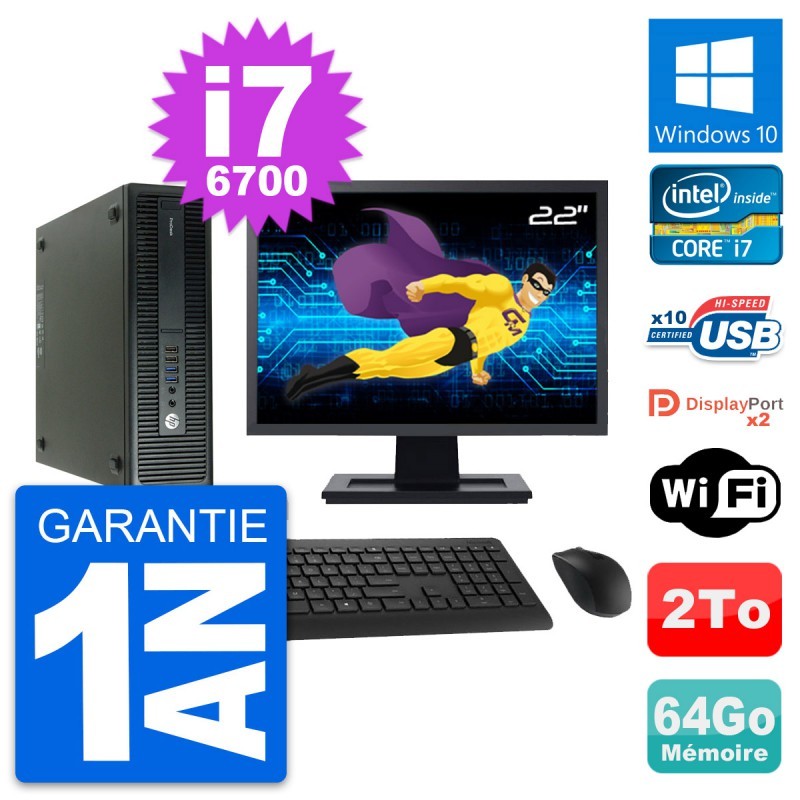 PC HP 600 G2 SFF Ecran 22" Intel i7-6700 RAM 64Go Disque Dur 2To Windows 10 Wifi