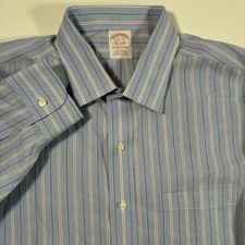 Brooks Brothers Shirt 17.5 33 Blue Striped Oxford Button Up Non Iron Supima