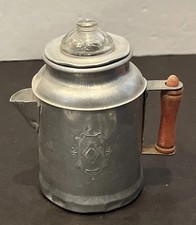 VTG Child Doll Aluminum Coffee Pot Percolator Red Wood Handle Glass Top Lid Toy