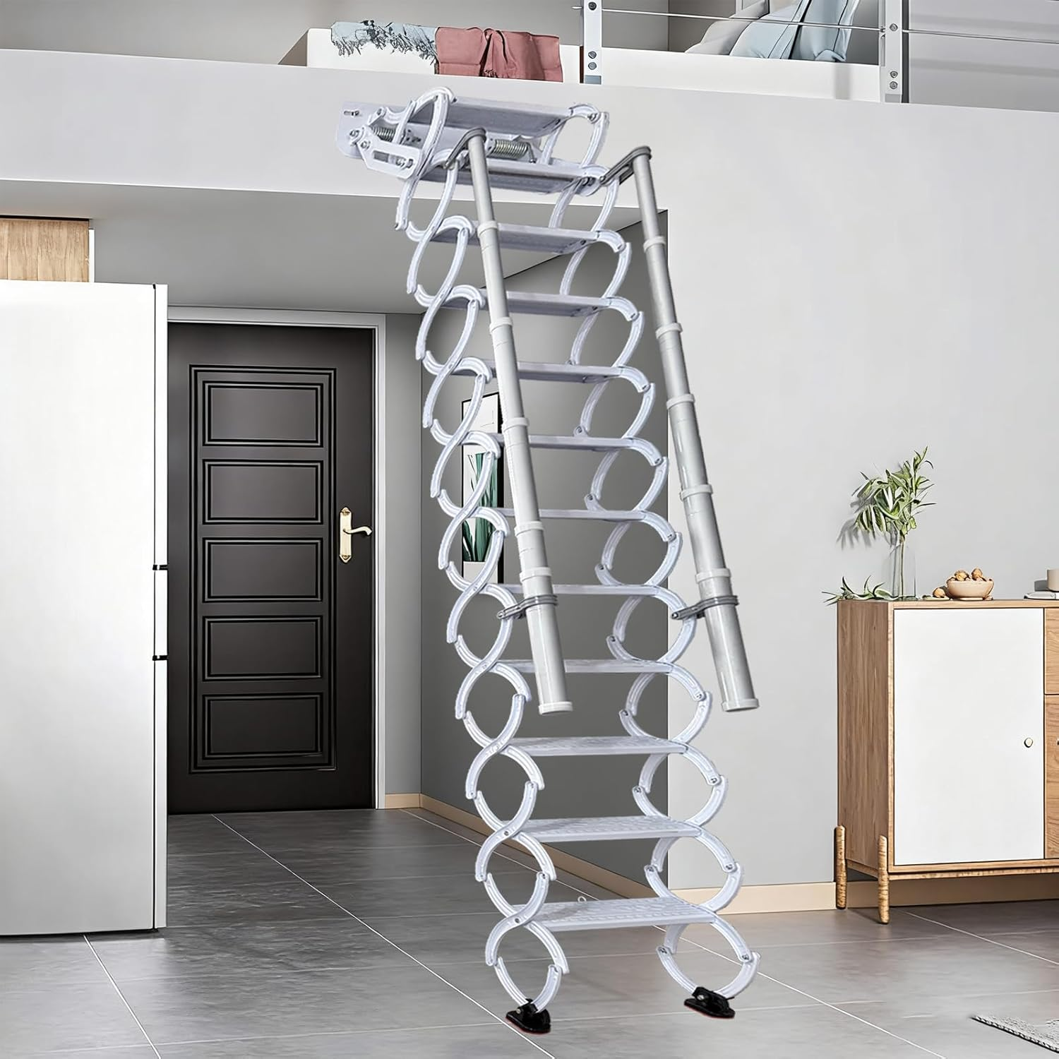 Folding Attic Stairs with Handrail, 12 Steps, 9.6-10ft, Anti-Slip Design-image