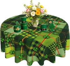 St. Patrick's Day Round Tablecloth 60 Inch Green Shamrock Floral Washable Microf