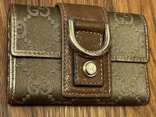 Superbe porte clés Gucci GG Supreme doré et marron 6 anneaux toile cuir