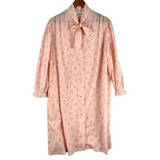 Vtg Barbizon Nightgown Button Pink Floral Long Sleeve Lace Trim Large Tie Neck