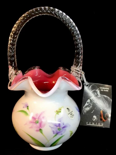 Fenton Art Glass Hand Painted Peach Crest Basket Mother's Day LIMITED EDITION