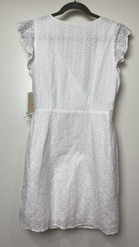 GB White Wrap Dress Women’s Juniors Sz Medium V-Neck Eyelet Ruffle New Side Tie - Picture 13 of 15
