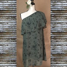 KENSIE Ruffle Women’s Dress Green Floral One Shoulder Sleeve Size S New!