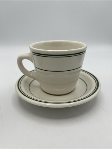 HLC Homer Laughlin Green Stripe Coffee Cup and Saucer Restaurant Ware Lot of 4 - Picture 2 of 24