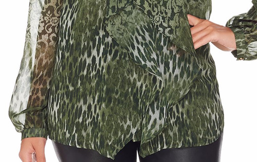 Blusa Dennis Basso con Volantes Animal Estampado Encaje Oliva Talla 16 A278693 J - Imagen 3 de 5