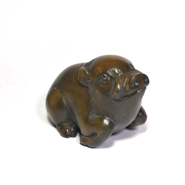 Netsuke Antique Boar Signed Japanese Boxwood vintage Ojime Edo