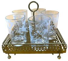 Federal Etched Leaping Gazelle Juice Glass Set 1950s 5-Glasses and Metal Tray