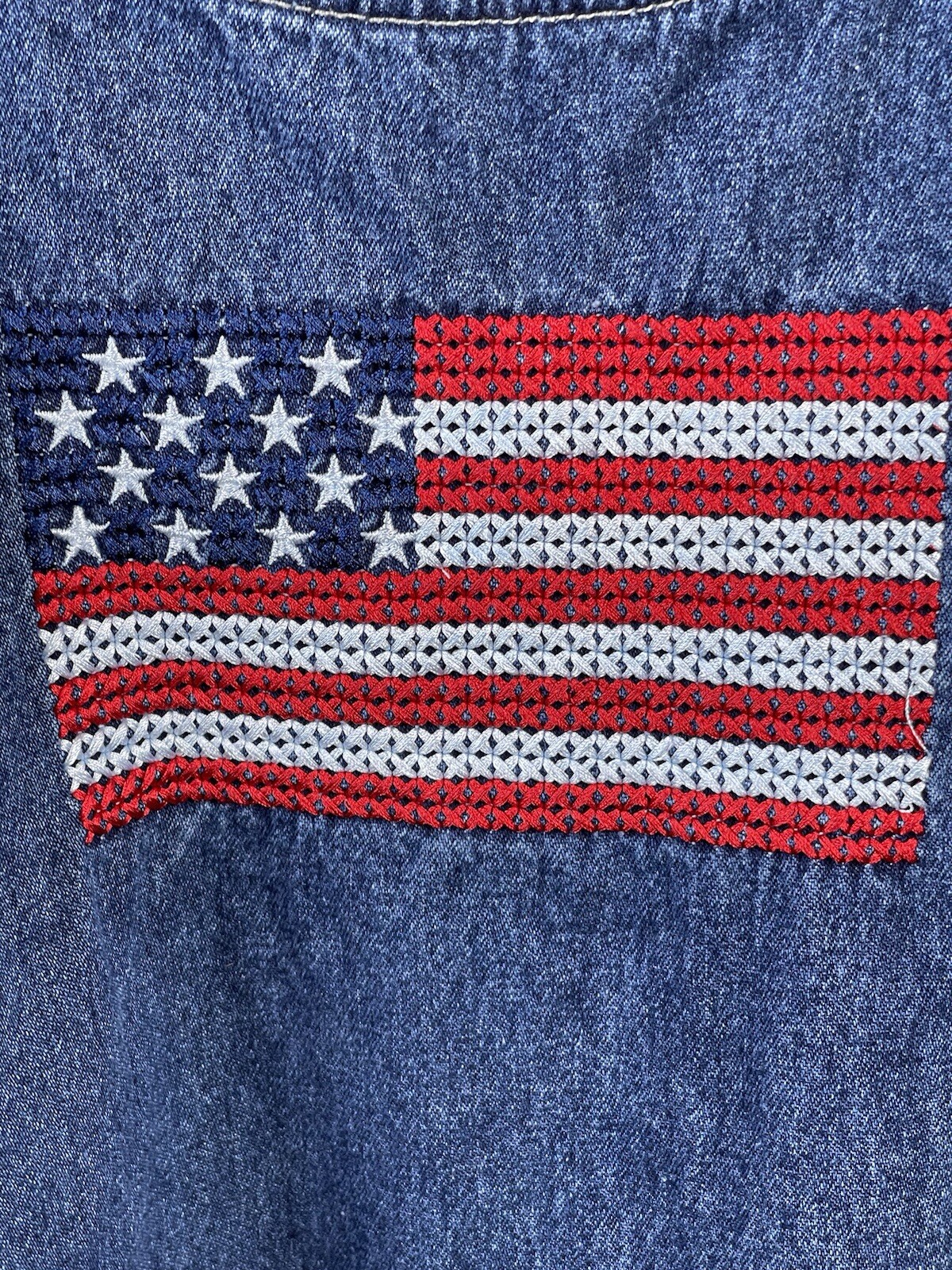 VTG 90s Denim Jumper Dress by Carolina Blues Embroidered American  USA Flag 18 W image 3