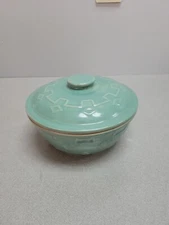 Vintage Stoneware Patterned Covered Casserole Turquoise Green Farmhouse Style