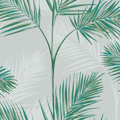 South Beach Palm Leaf Wallpaper Stone Grey Fine Decor Silver Metallic FD42678