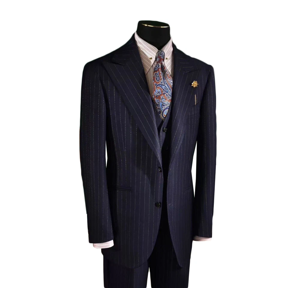 British Style Men's Striped Suits 3 Pieces Slim Wide Peak Lapel Jacket+Pant+Vest - Image 2 of 4