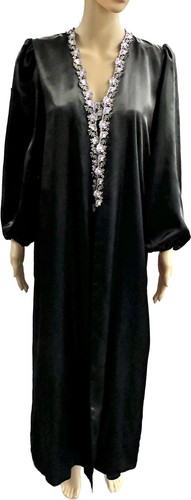 NWT Intimates By Flora 2 Pcs Satin Nightgown & Robe Set Black Purple Floral /cb - Picture 2 of 11