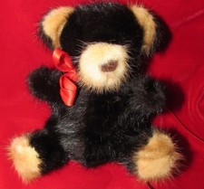 VINTAGE BLACK TEDDY BEAR REAL FUR SOFT MINK ARTIST RARE BEARS TAG RED RIBBON 6"